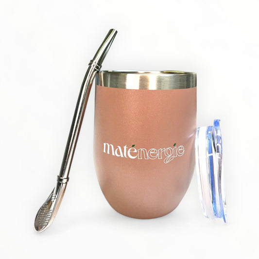 Calebasse Inox Rose Sol 335 ml, conçue pour maintenir la température des boissons pendant des heures.